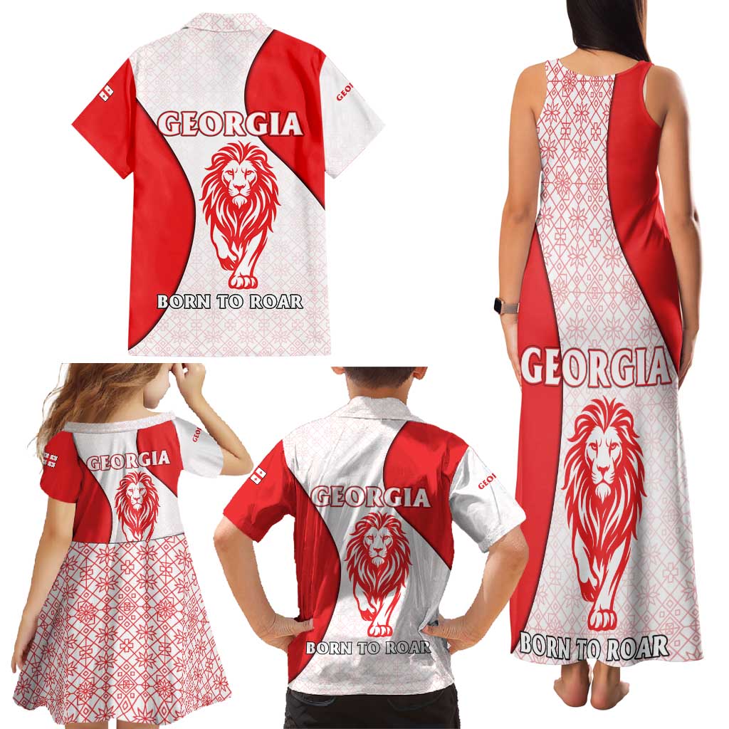 Georgia Flag Family Matching Tank Maxi Dress and Hawaiian Shirt with Born to Roar with Red Lion and National Symbols - Wonder Print Shop