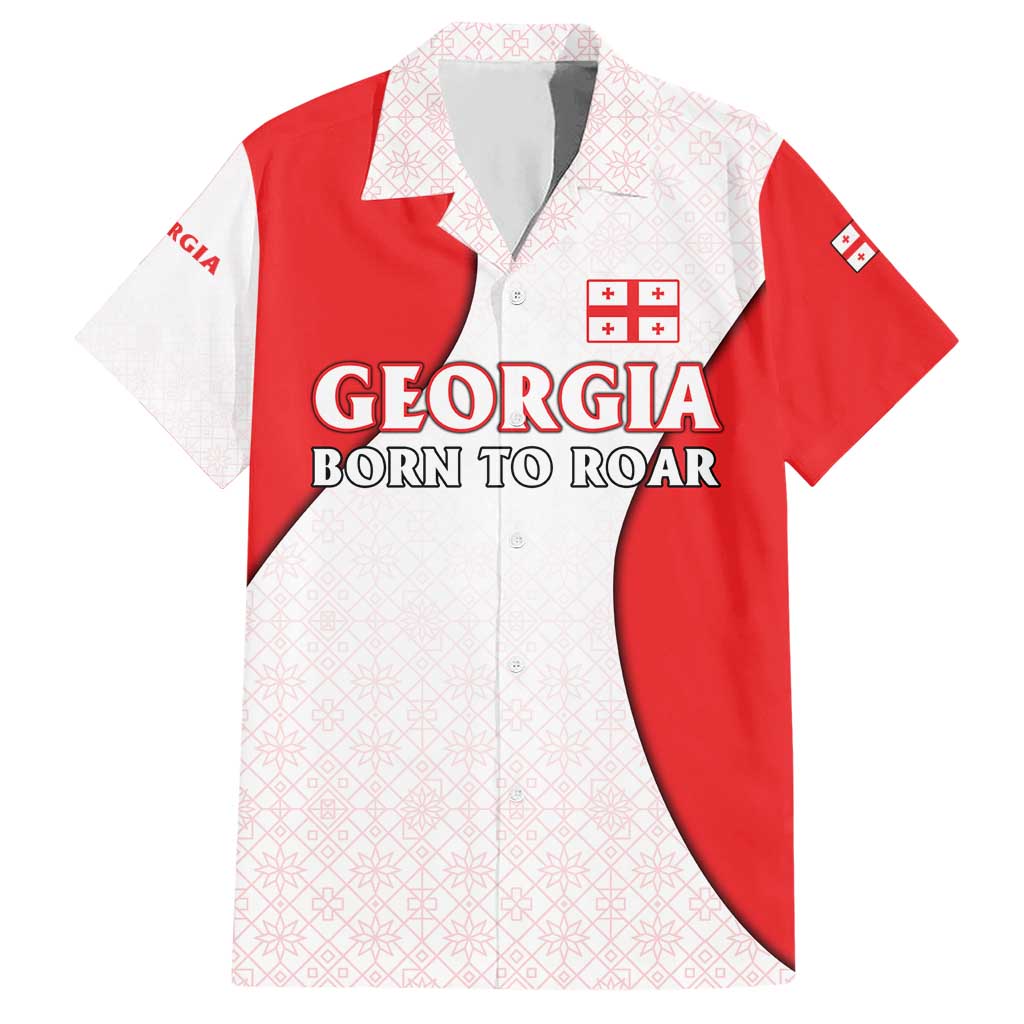 Georgia Flag Hawaiian Shirt with Born to Roar with Red Lion and National Symbols - Wonder Print Shop