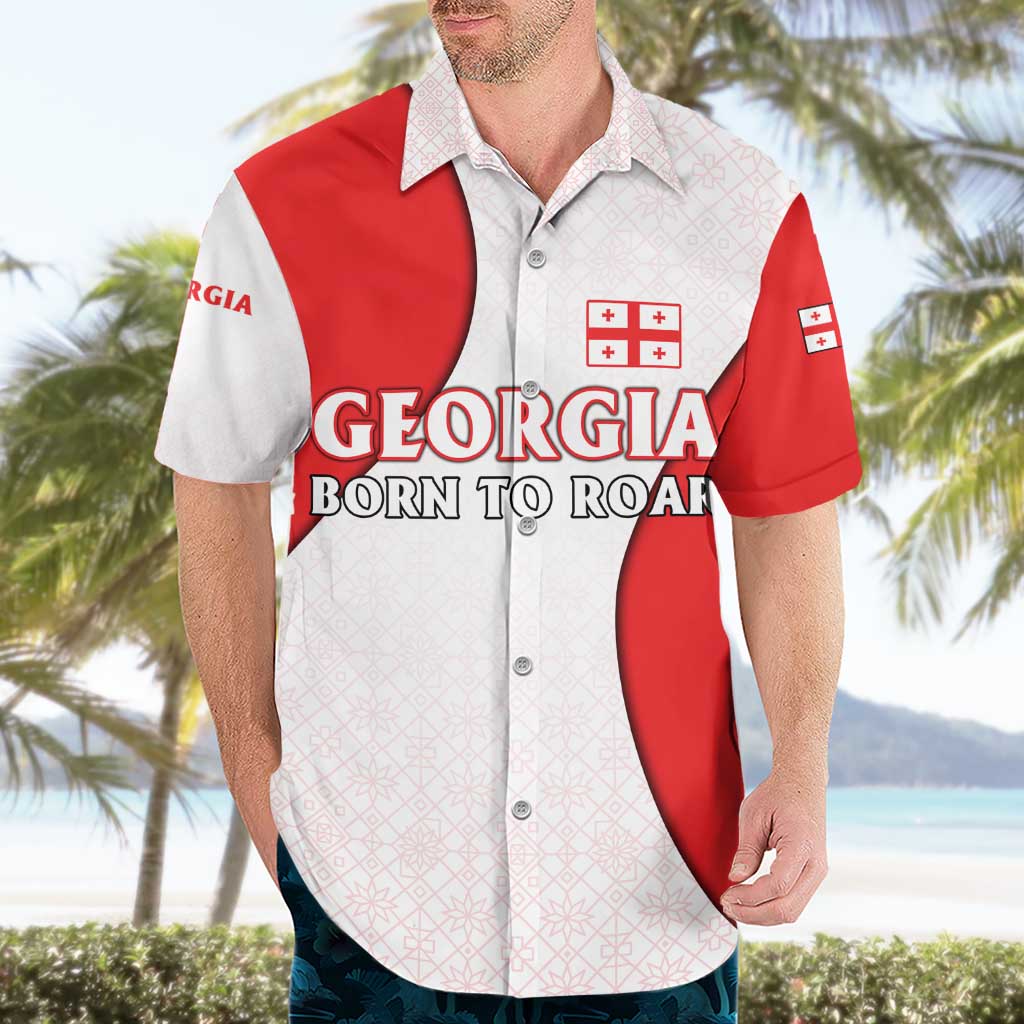 Georgia Flag Hawaiian Shirt with Born to Roar with Red Lion and National Symbols - Wonder Print Shop