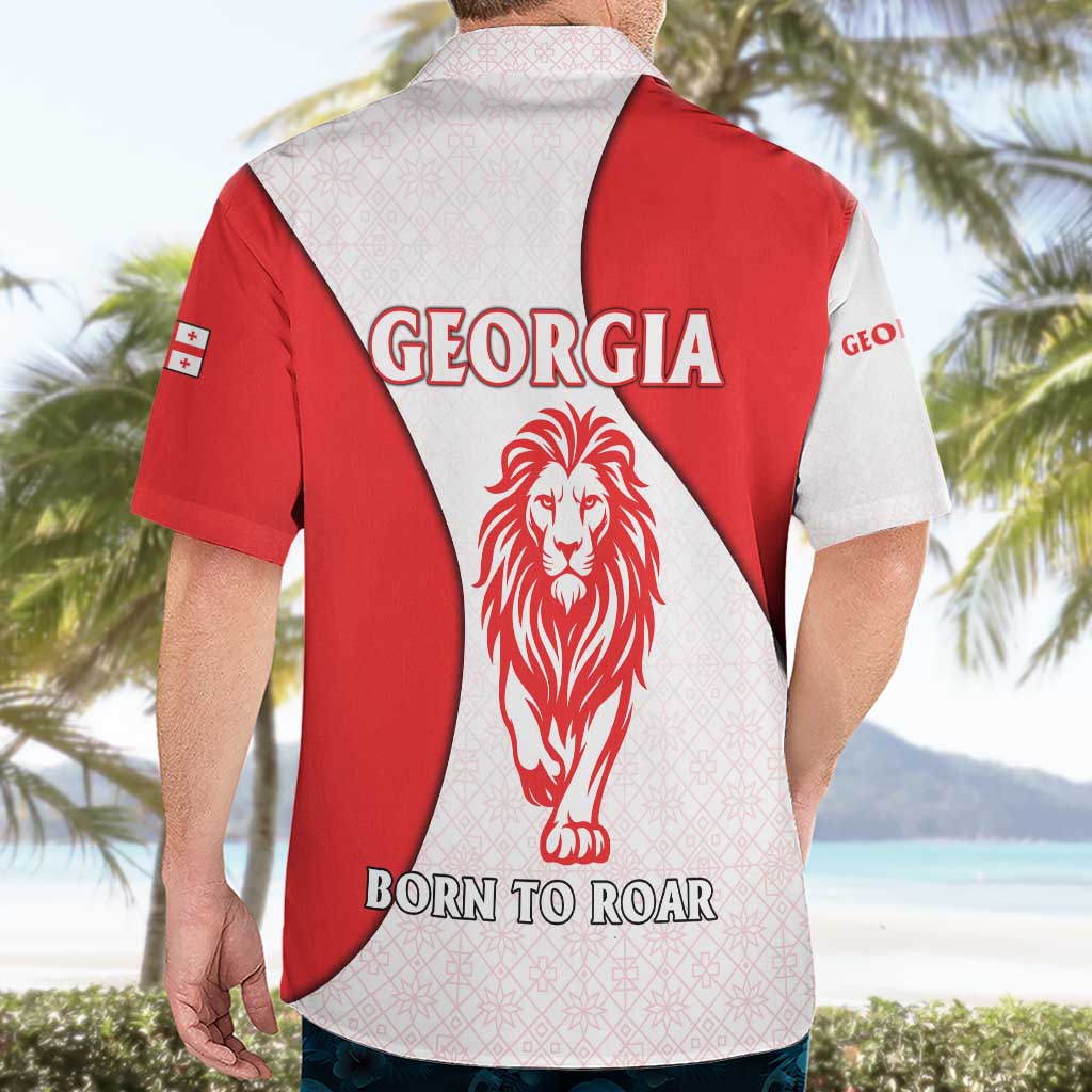 Georgia Flag Hawaiian Shirt with Born to Roar with Red Lion and National Symbols - Wonder Print Shop