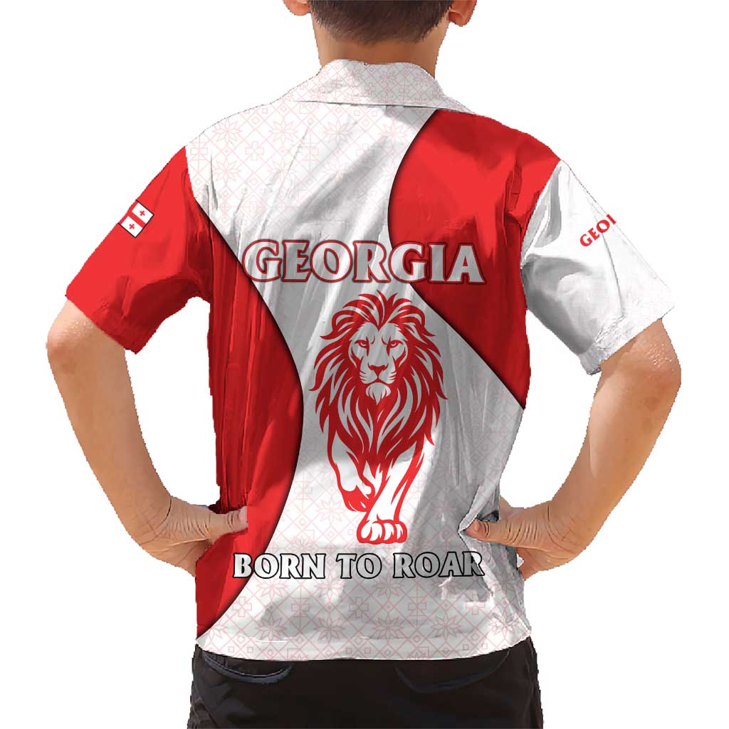 Georgia Flag Hawaiian Shirt with Born to Roar with Red Lion and National Symbols - Wonder Print Shop