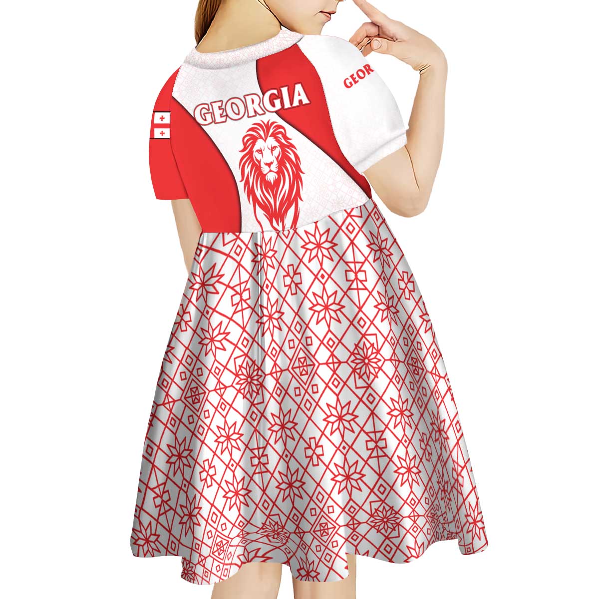 Georgia Flag Kid Short Sleeve Dress with Born to Roar with Red Lion and National Symbols - Wonder Print Shop