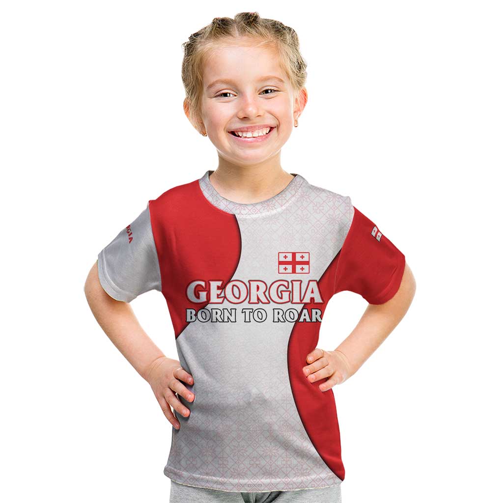 Georgia Flag Kid T Shirt with Born to Roar with Red Lion and National Symbols - Wonder Print Shop