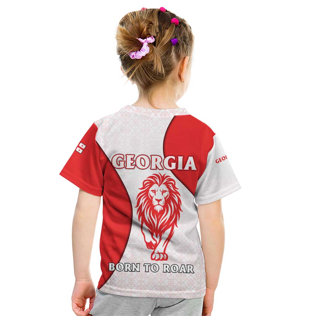 Georgia Flag Kid T Shirt with Born to Roar with Red Lion and National Symbols - Wonder Print Shop