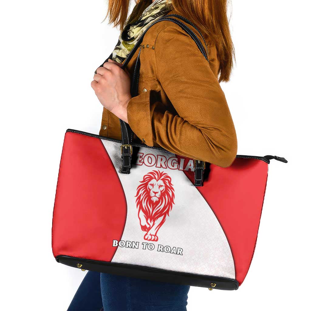 Georgia Flag Leather Tote Bag with Born to Roar with Red Lion and National Symbols - Wonder Print Shop