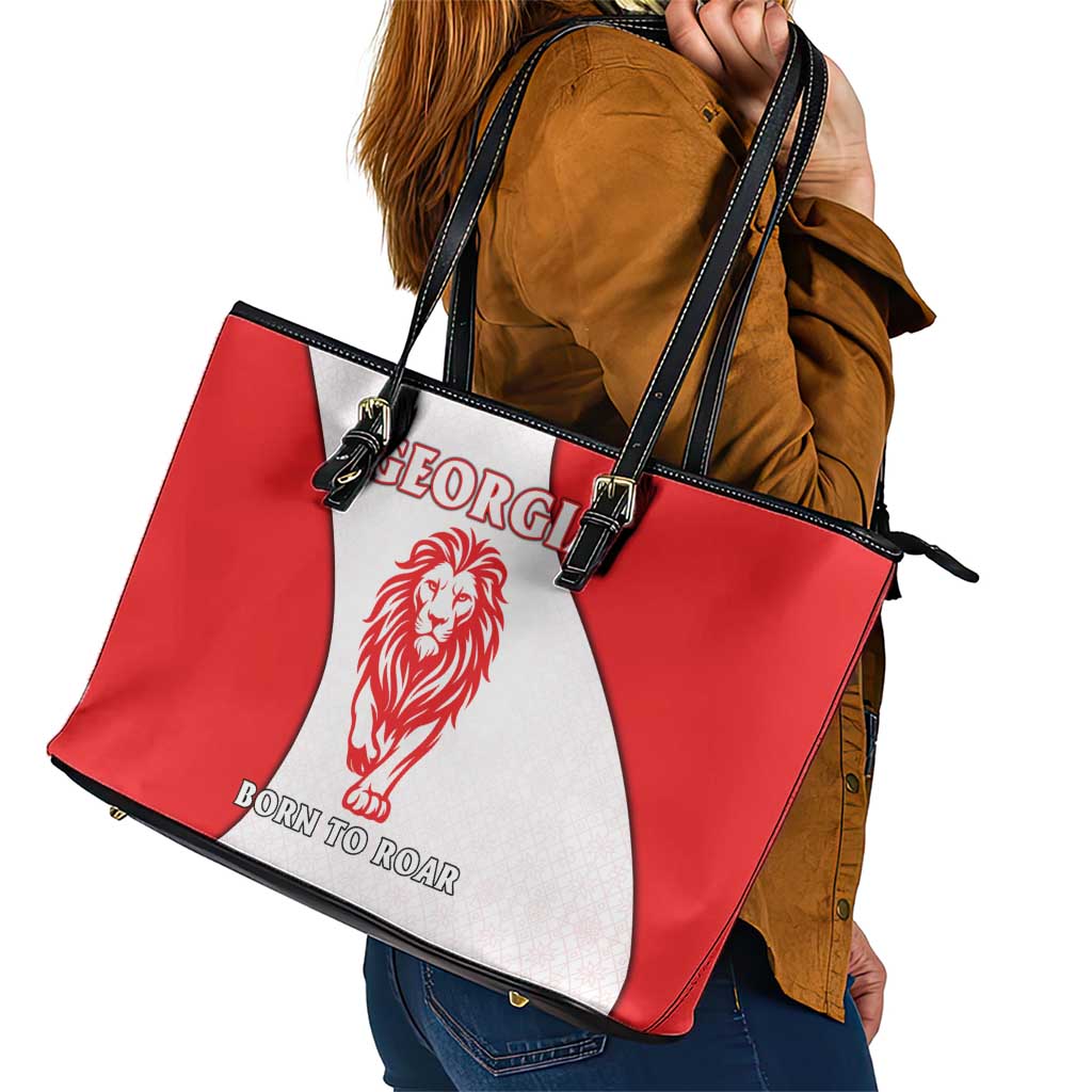 Georgia Flag Leather Tote Bag with Born to Roar with Red Lion and National Symbols - Wonder Print Shop