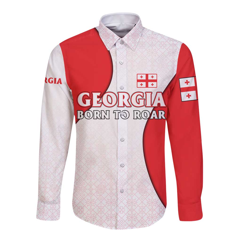 Georgia Flag Long Sleeve Button Shirt with Born to Roar with Red Lion and National Symbols - Wonder Print Shop