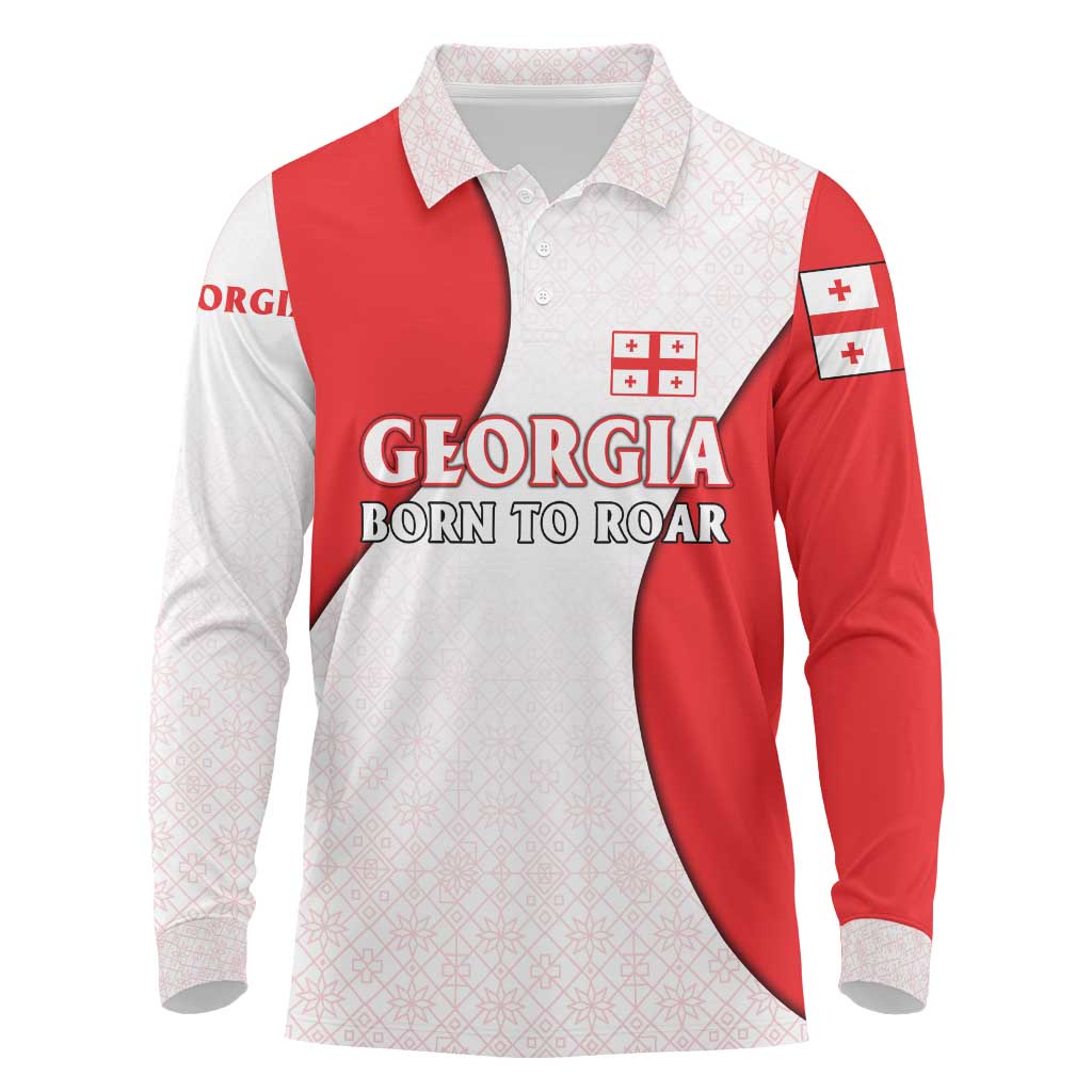 Georgia Flag Long Sleeve Polo Shirt with Born to Roar with Red Lion and National Symbols - Wonder Print Shop