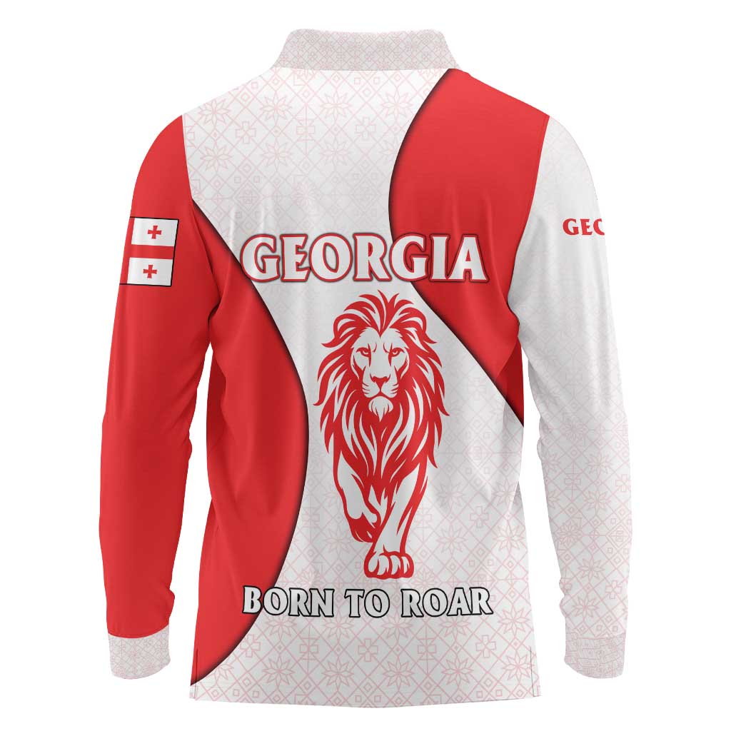 Georgia Flag Long Sleeve Polo Shirt with Born to Roar with Red Lion and National Symbols - Wonder Print Shop
