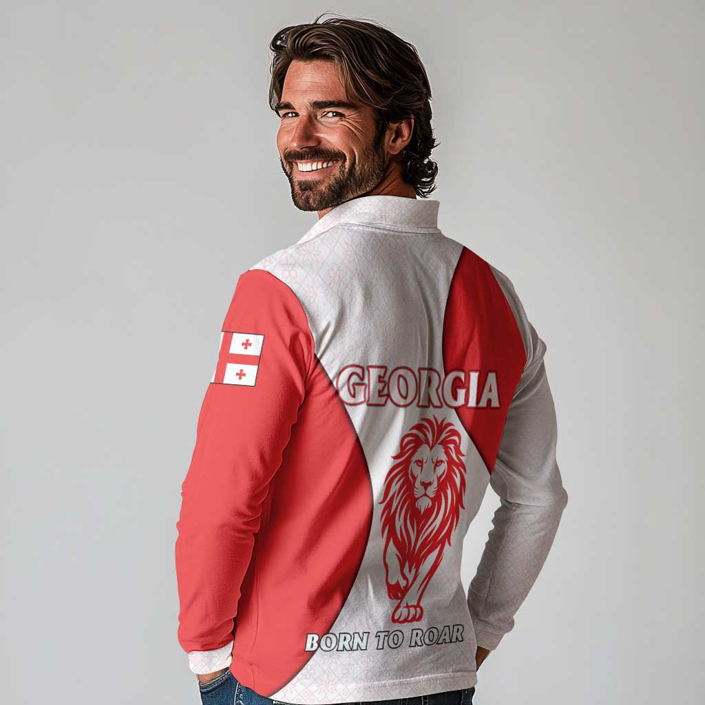 Georgia Flag Long Sleeve Polo Shirt with Born to Roar with Red Lion and National Symbols - Wonder Print Shop
