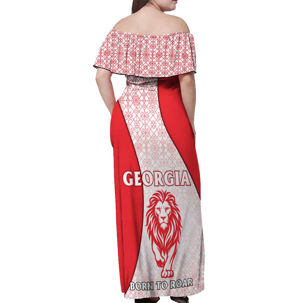 Georgia Flag Off Shoulder Maxi Dress with Born to Roar with Red Lion and National Symbols - Wonder Print Shop
