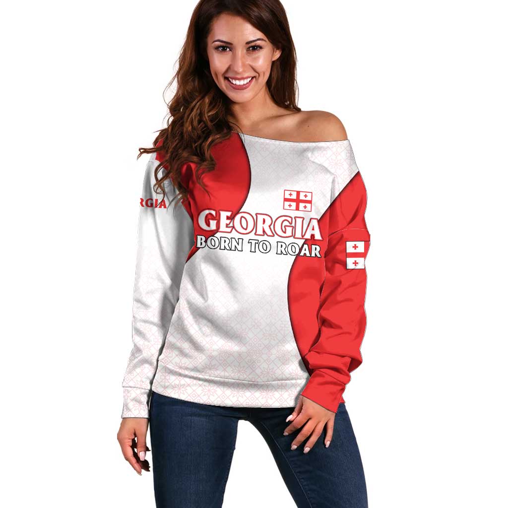 Georgia Flag Off Shoulder Sweater with Born to Roar with Red Lion and National Symbols - Wonder Print Shop