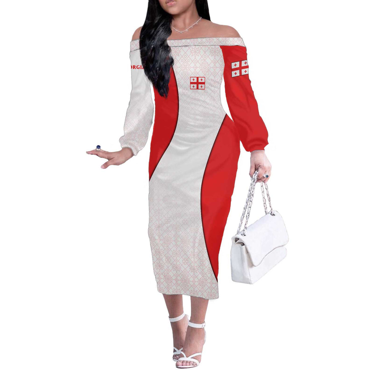 Georgia Flag Off The Shoulder Long Sleeve Dress with Born to Roar with Red Lion and National Symbols - Wonder Print Shop