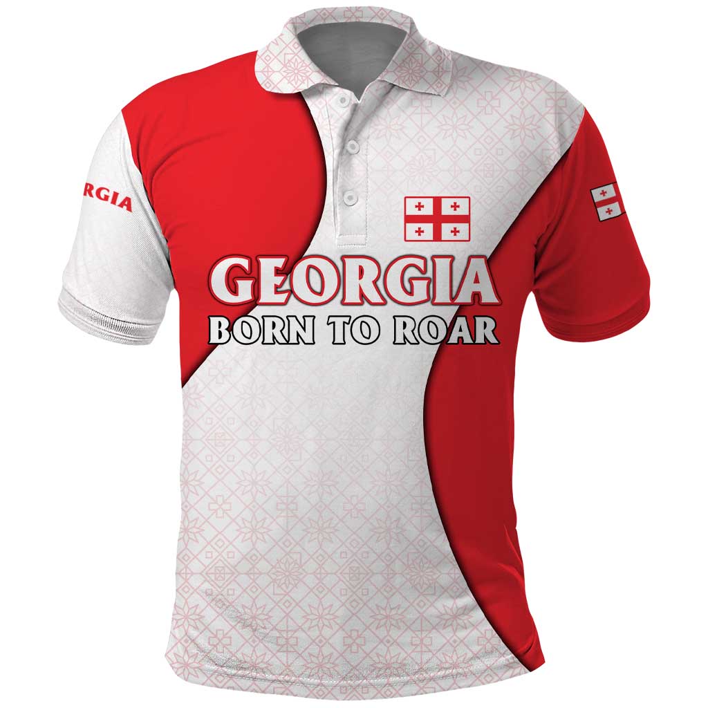 Georgia Flag Polo Shirt with Born to Roar with Red Lion and National Symbols - Wonder Print Shop