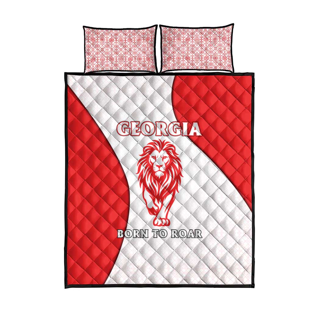 Georgia Flag Quilt Bed Set with Born to Roar with Red Lion and National Symbols - Wonder Print Shop