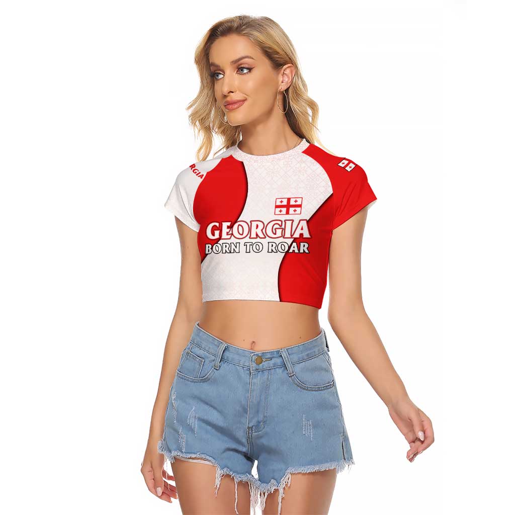 Georgia Flag Raglan Cropped T Shirt with Born to Roar with Red Lion and National Symbols - Wonder Print Shop