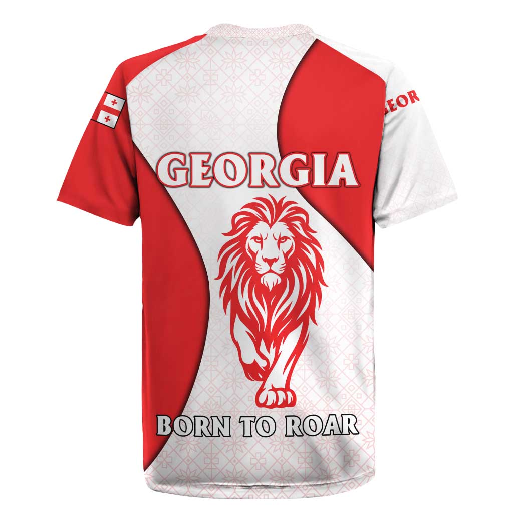 Georgia Flag Rugby Jersey with Born to Roar with Red Lion and National Symbols - Wonder Print Shop