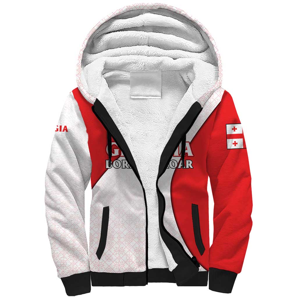 Georgia Flag Sherpa Hoodie with Born to Roar with Red Lion and National Symbols - Wonder Print Shop