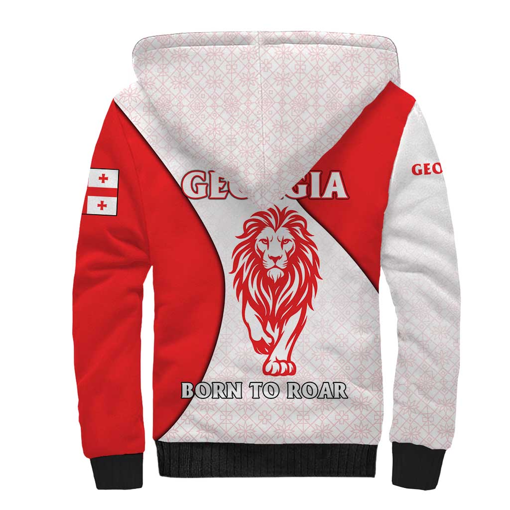 Georgia Flag Sherpa Hoodie with Born to Roar with Red Lion and National Symbols - Wonder Print Shop