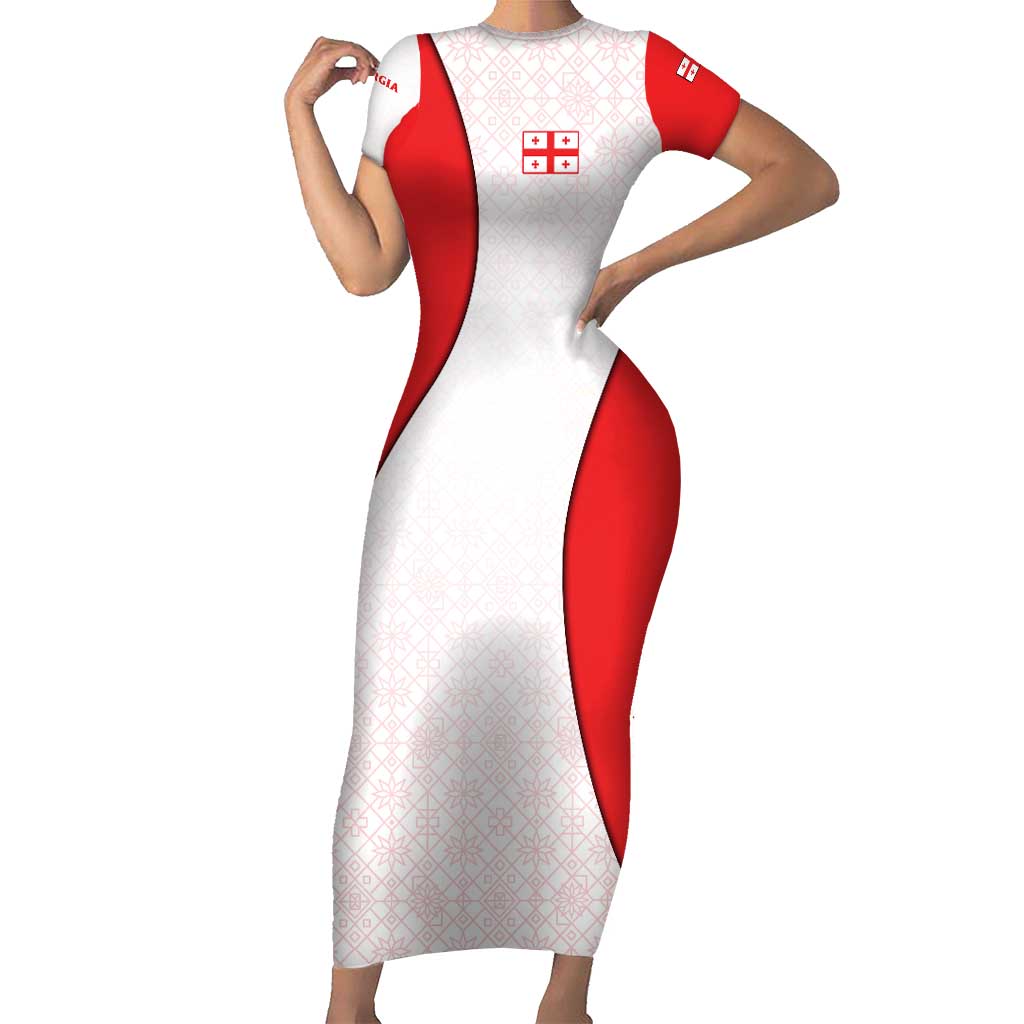 Georgia Flag Short Sleeve Bodycon Dress with Born to Roar with Red Lion and National Symbols - Wonder Print Shop