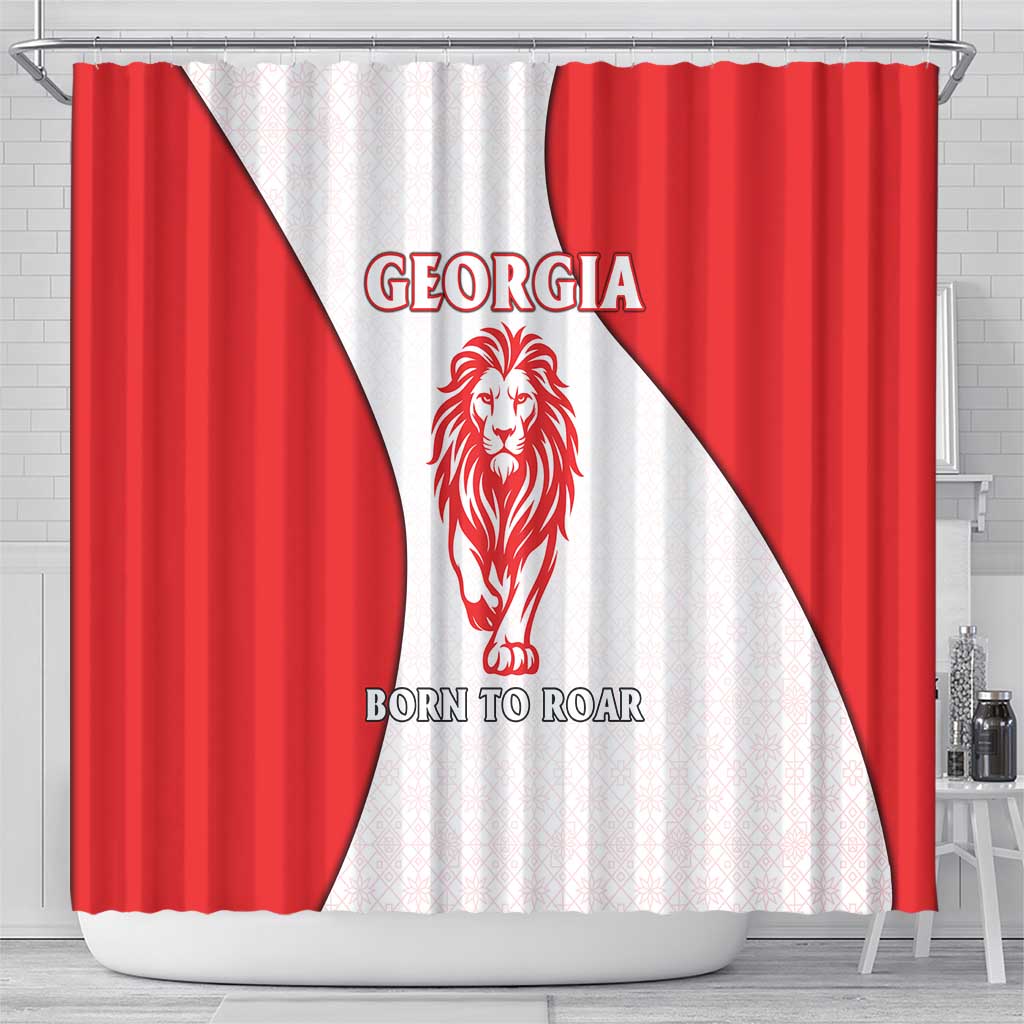 Georgia Flag Shower Curtain with Born to Roar with Red Lion and National Symbols - Wonder Print Shop