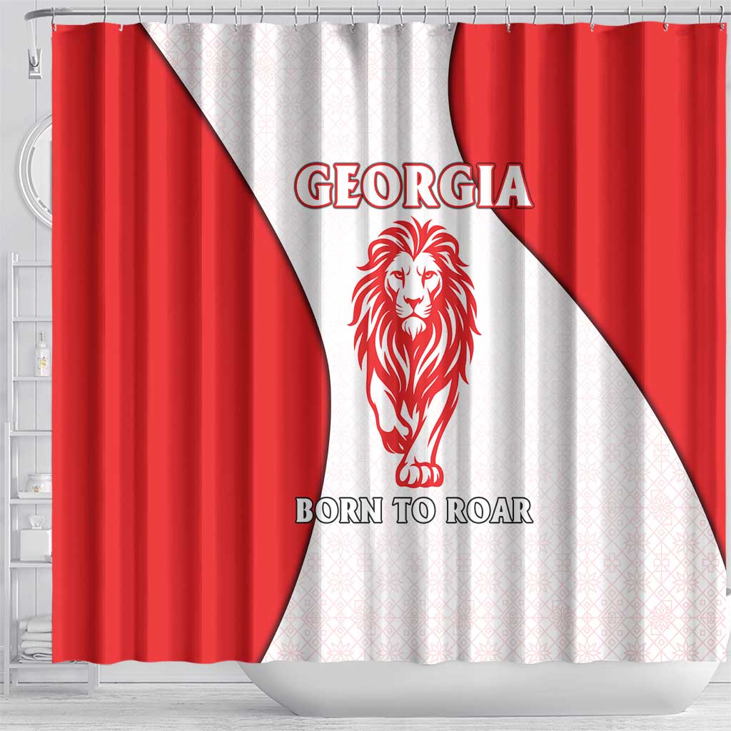 Georgia Flag Shower Curtain with Born to Roar with Red Lion and National Symbols - Wonder Print Shop