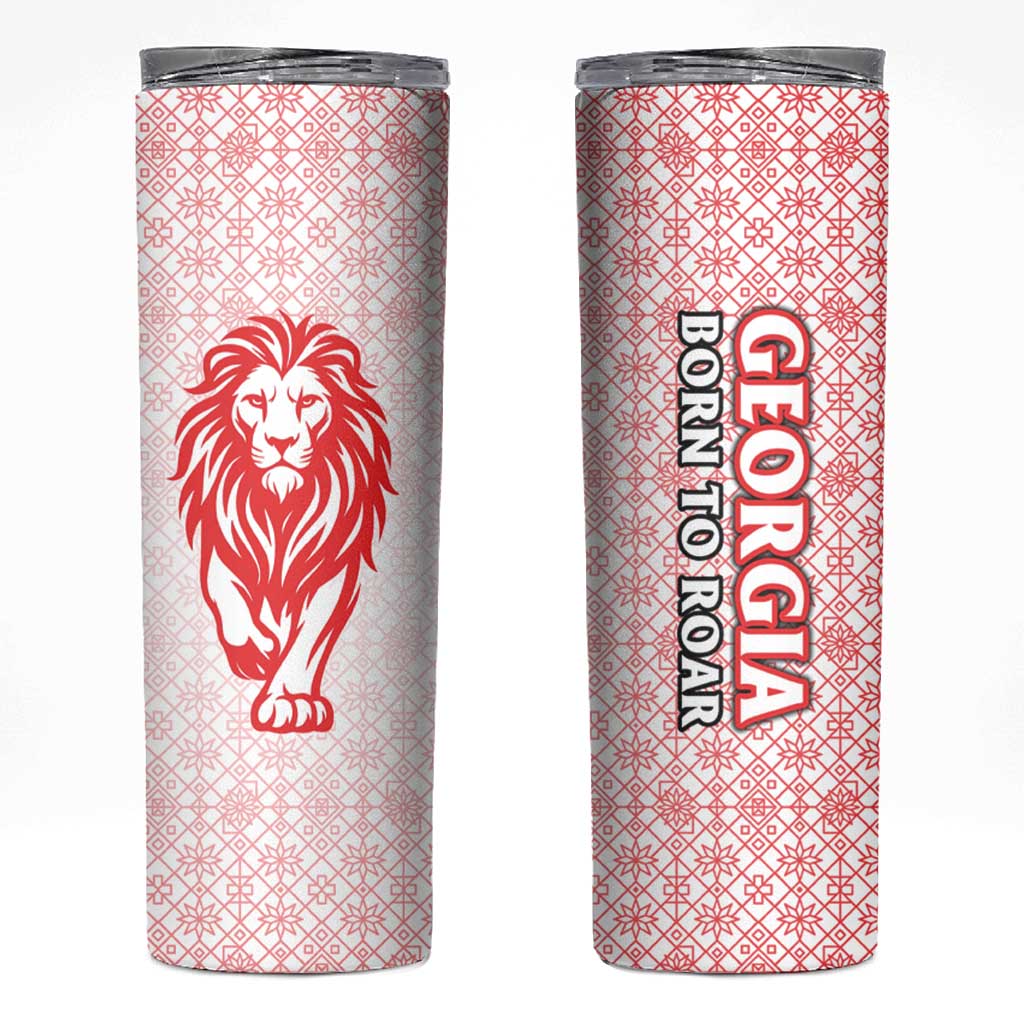 Georgia Flag Skinny Tumbler with Born to Roar with Red Lion and National Symbols - Wonder Print Shop