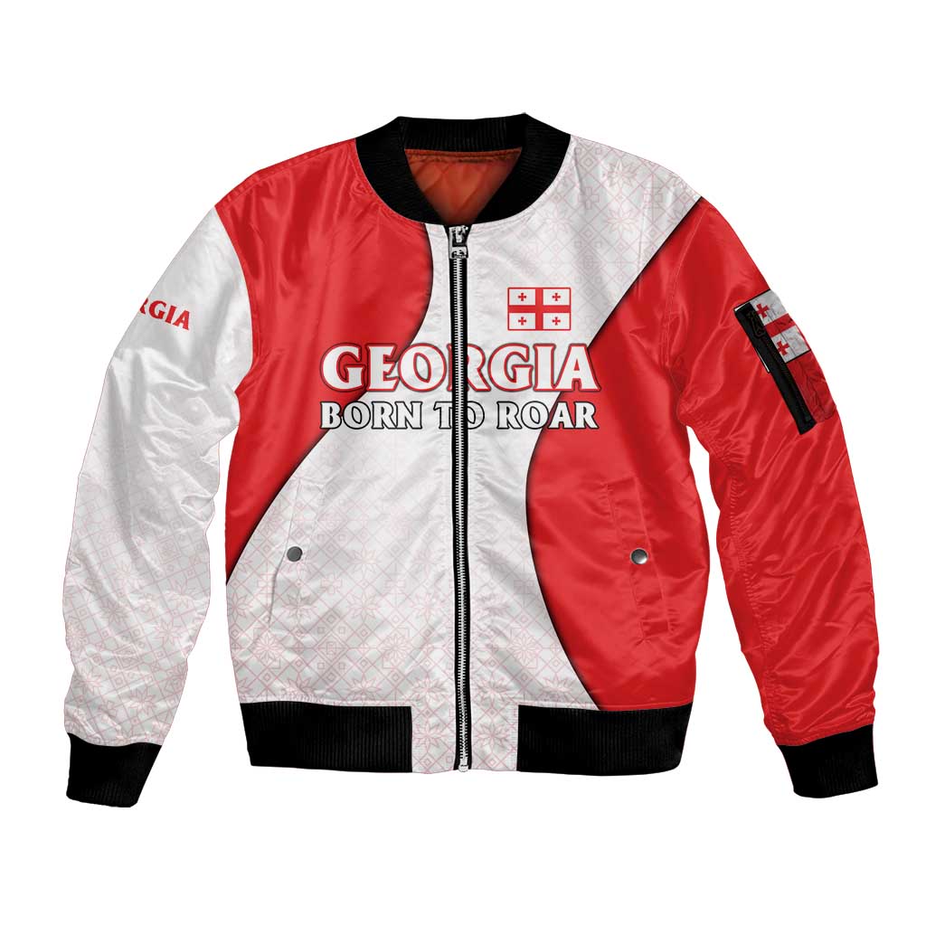 Georgia Flag Sleeve Zip Bomber Jacket with Born to Roar with Red Lion and National Symbols - Wonder Print Shop