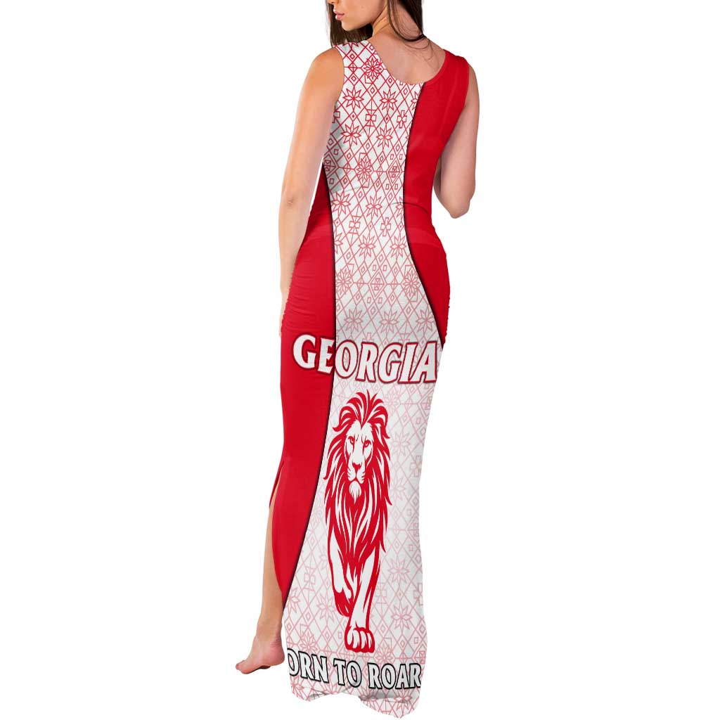 Georgia Flag Tank Maxi Dress with Born to Roar with Red Lion and National Symbols - Wonder Print Shop