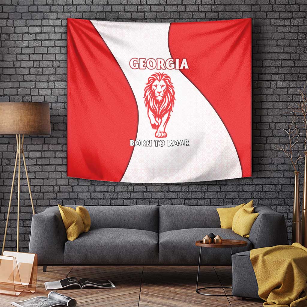 Georgia Flag Tapestry with Born to Roar with Red Lion and National Symbols - Wonder Print Shop