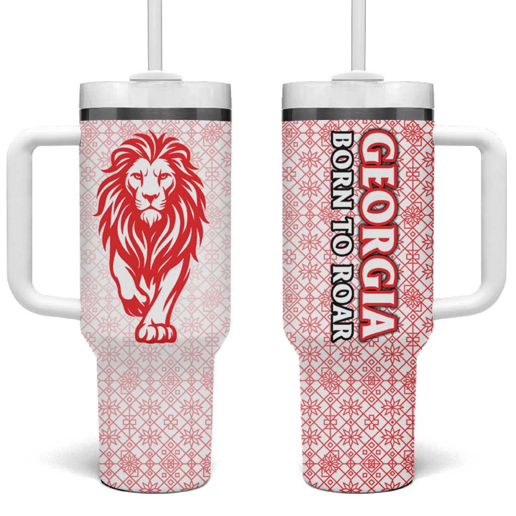 Georgia Flag Tumbler With Handle with Born to Roar with Red Lion and National Symbols - Wonder Print Shop