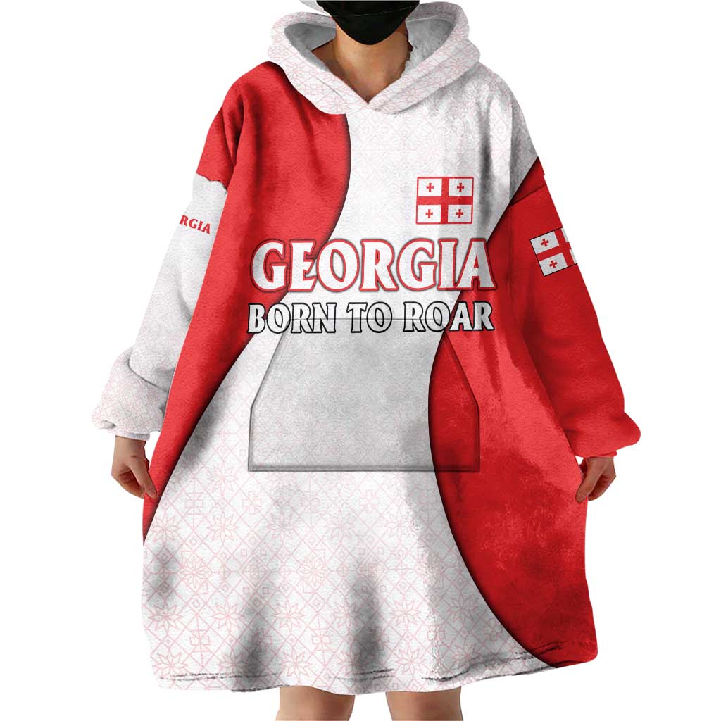 Georgia Flag Wearable Blanket Hoodie with Born to Roar with Red Lion and National Symbols - Wonder Print Shop