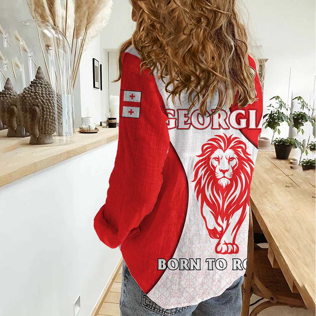 Georgia Flag Women Casual Shirt with Born to Roar with Red Lion and National Symbols - Wonder Print Shop