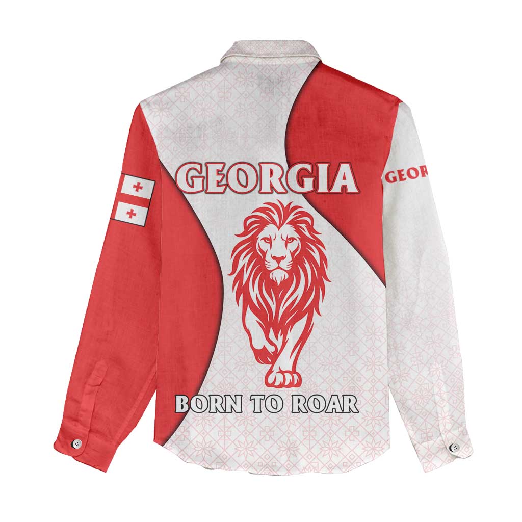 Georgia Flag Women Casual Shirt with Born to Roar with Red Lion and National Symbols - Wonder Print Shop