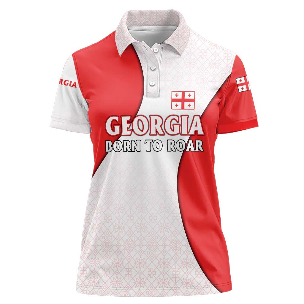 Georgia Flag Women Polo Shirt with Born to Roar with Red Lion and National Symbols - Wonder Print Shop