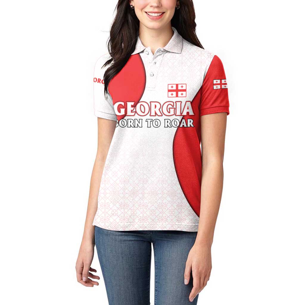 Georgia Flag Women Polo Shirt with Born to Roar with Red Lion and National Symbols - Wonder Print Shop