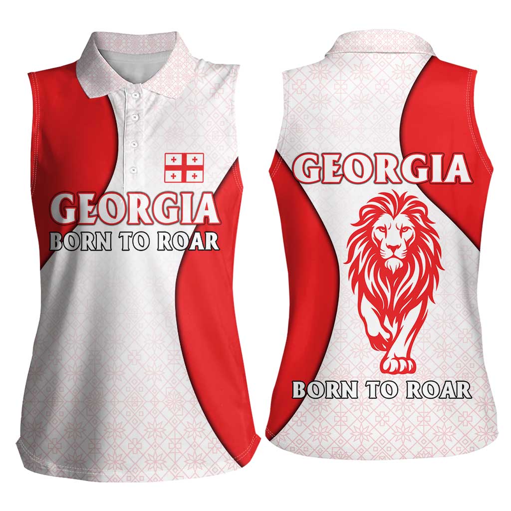 Georgia Flag Women Sleeveless Polo Shirt with Born to Roar with Red Lion and National Symbols - Wonder Print Shop