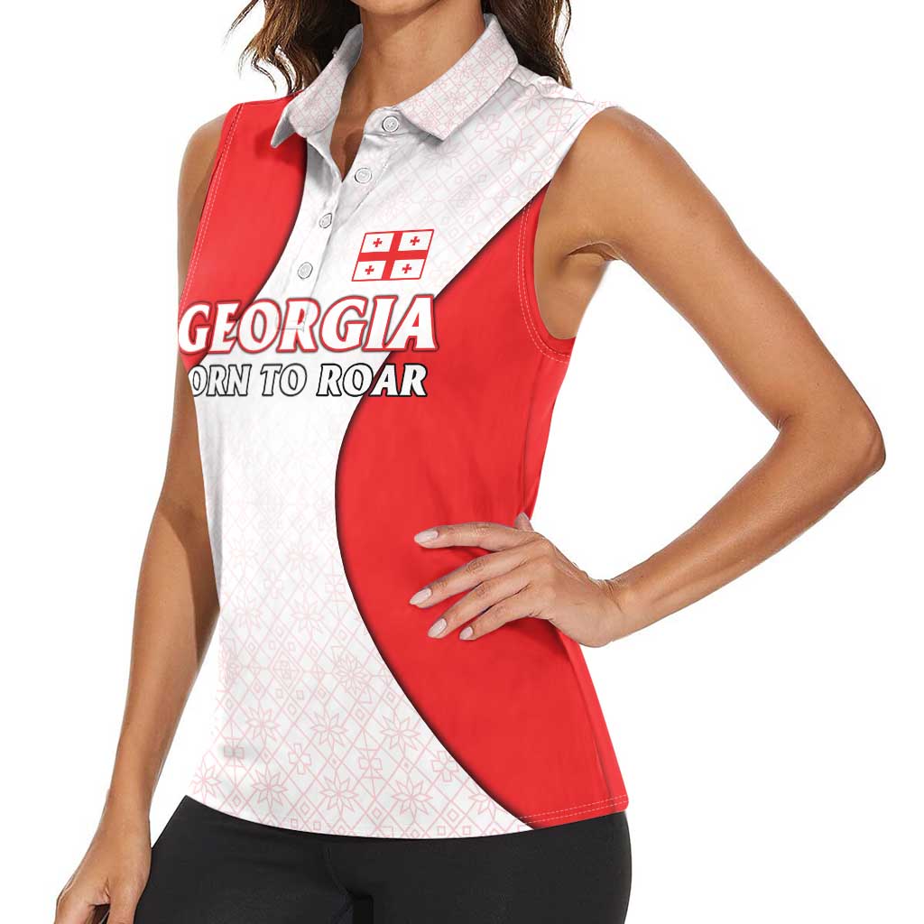 Georgia Flag Women Sleeveless Polo Shirt with Born to Roar with Red Lion and National Symbols - Wonder Print Shop