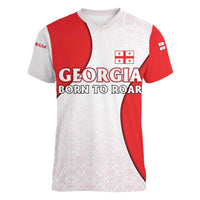 Georgia Flag Women V-Neck T-Shirt with Born to Roar with Red Lion and National Symbols - Wonder Print Shop