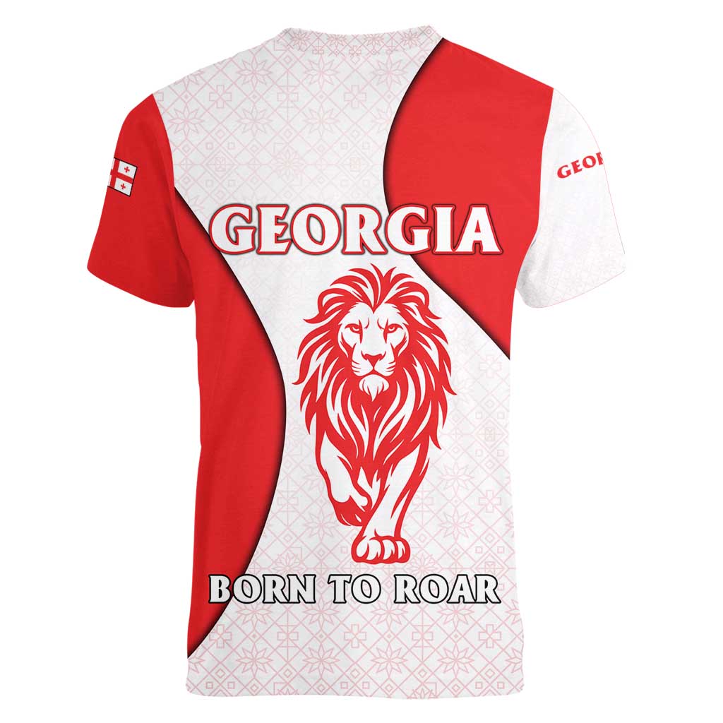 Georgia Flag Women V-Neck T-Shirt with Born to Roar with Red Lion and National Symbols - Wonder Print Shop