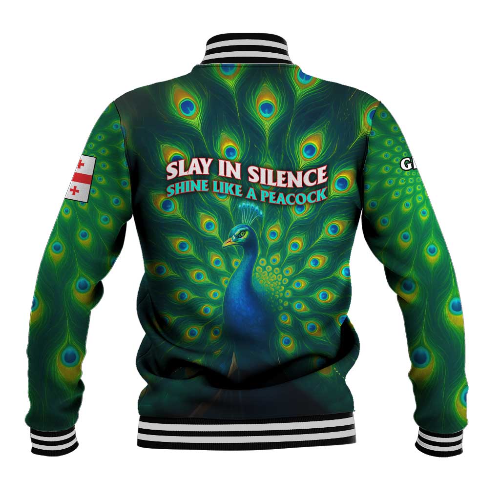 Georgia Peacock Baseball Jacket with Slay in Silence Shine Like a Peacock Design - Wonder Print Shop