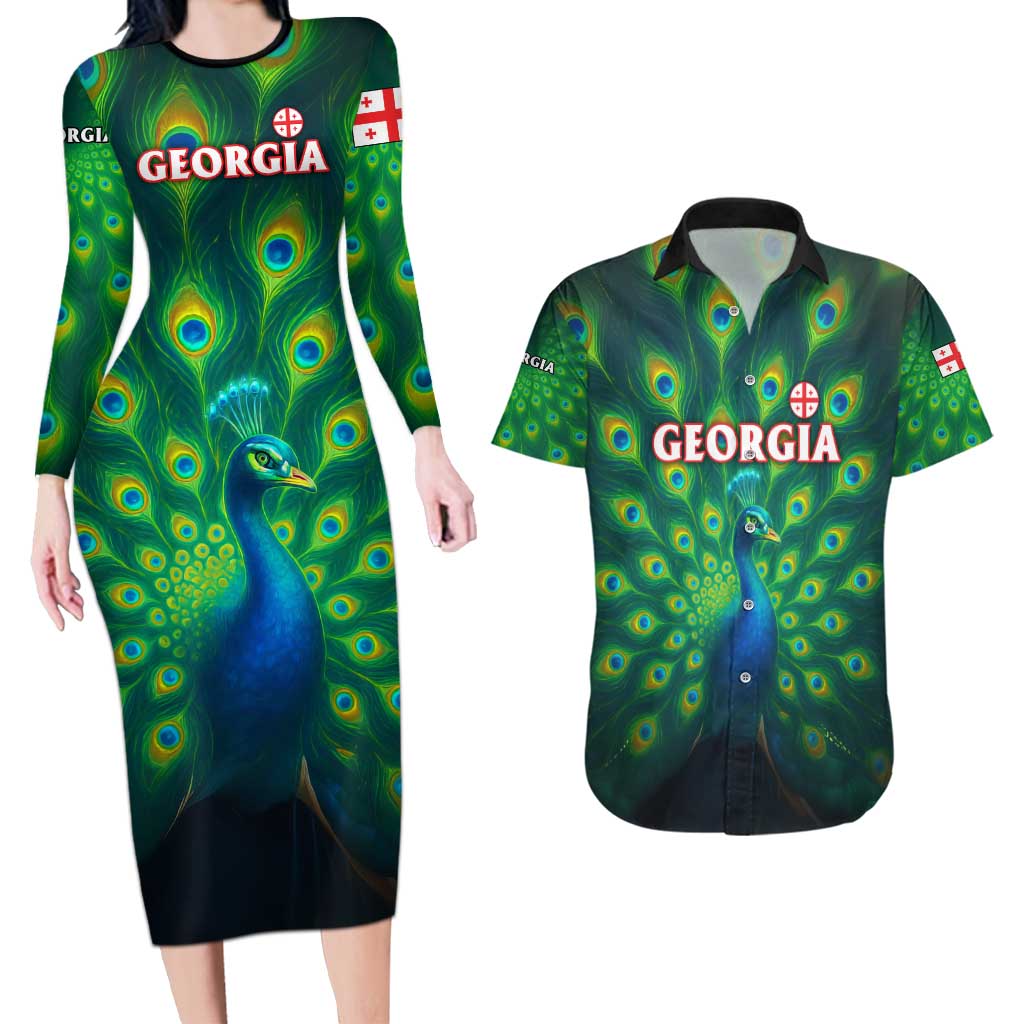 Georgia Peacock Couples Matching Long Sleeve Bodycon Dress and Hawaiian Shirt with Slay in Silence Shine Like a Peacock Design - Wonder Print Shop