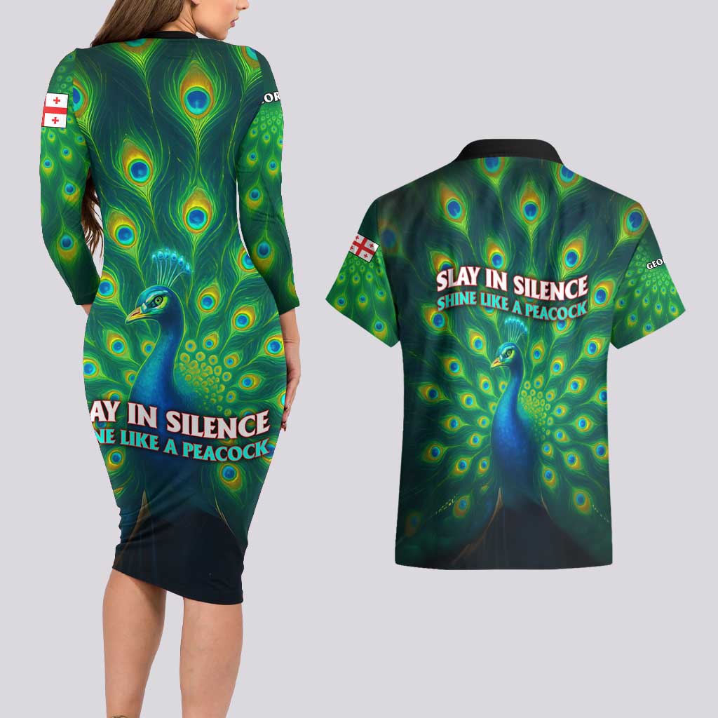 Georgia Peacock Couples Matching Long Sleeve Bodycon Dress and Hawaiian Shirt with Slay in Silence Shine Like a Peacock Design - Wonder Print Shop