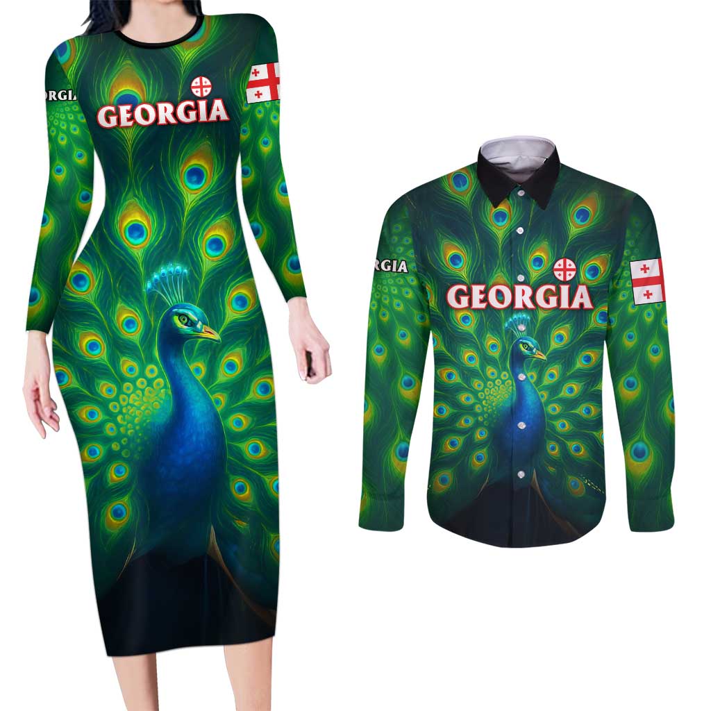 Georgia Peacock Couples Matching Long Sleeve Bodycon Dress and Long Sleeve Button Shirt with Slay in Silence Shine Like a Peacock Design - Wonder Print Shop