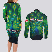 Georgia Peacock Couples Matching Long Sleeve Bodycon Dress and Long Sleeve Button Shirt with Slay in Silence Shine Like a Peacock Design - Wonder Print Shop