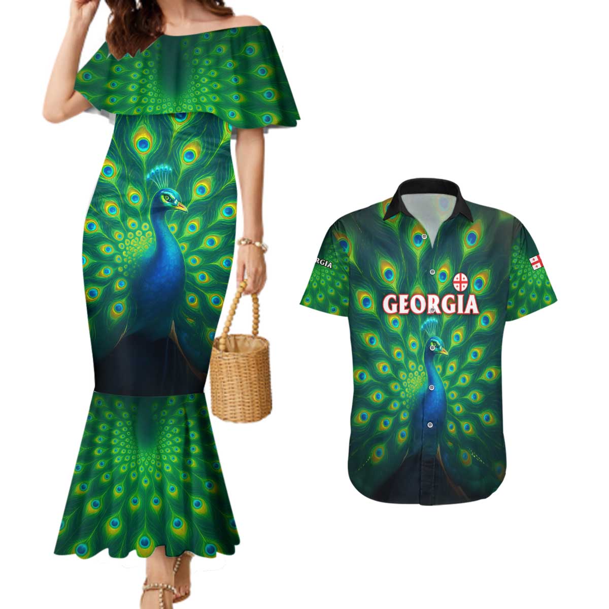Georgia Peacock Couples Matching Mermaid Dress and Hawaiian Shirt with Slay in Silence Shine Like a Peacock Design - Wonder Print Shop