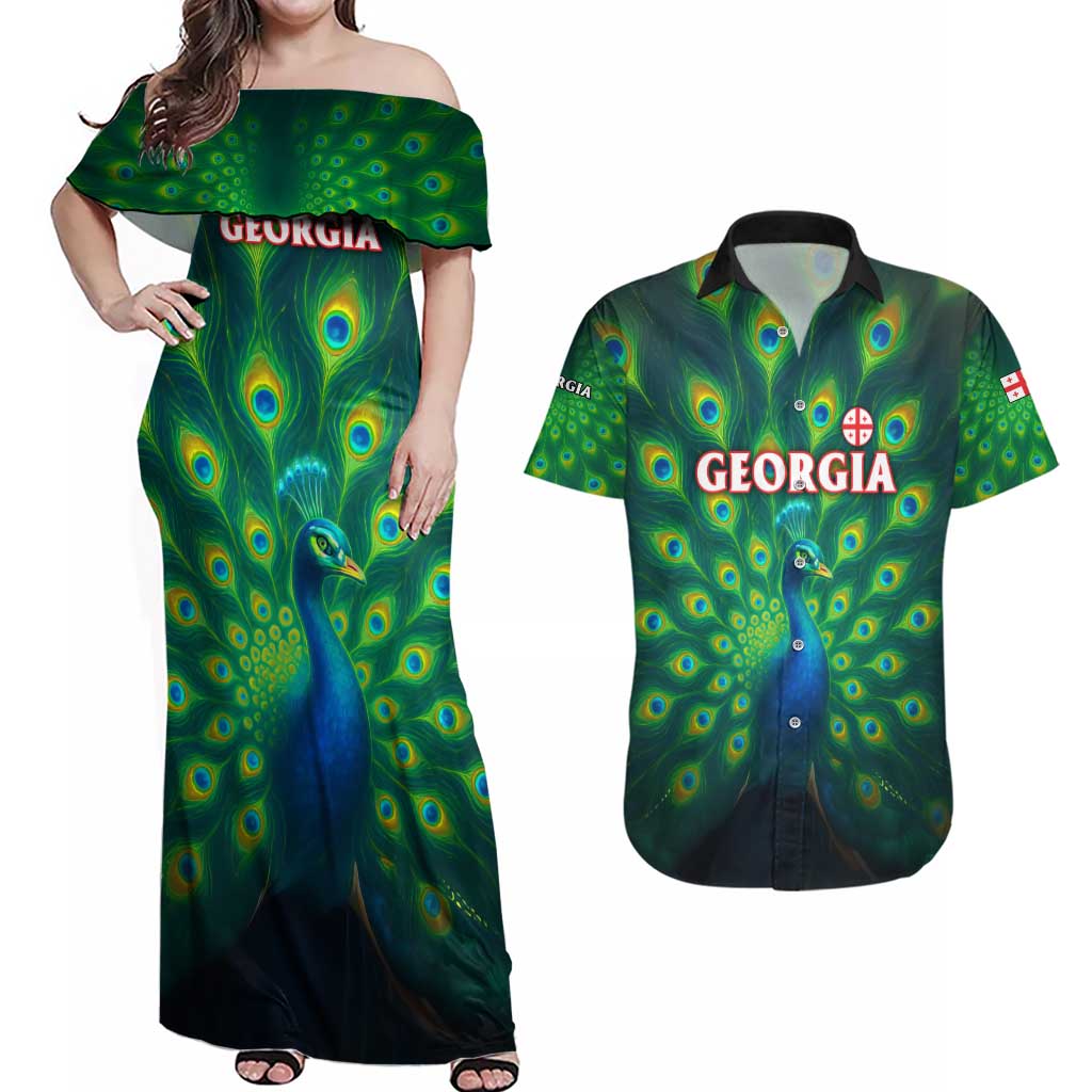 Georgia Peacock Couples Matching Off Shoulder Maxi Dress and Hawaiian Shirt with Slay in Silence Shine Like a Peacock Design - Wonder Print Shop