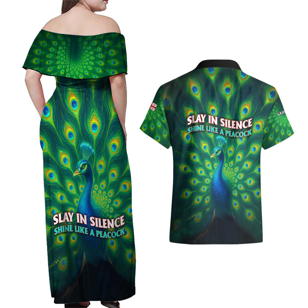 Georgia Peacock Couples Matching Off Shoulder Maxi Dress and Hawaiian Shirt with Slay in Silence Shine Like a Peacock Design - Wonder Print Shop