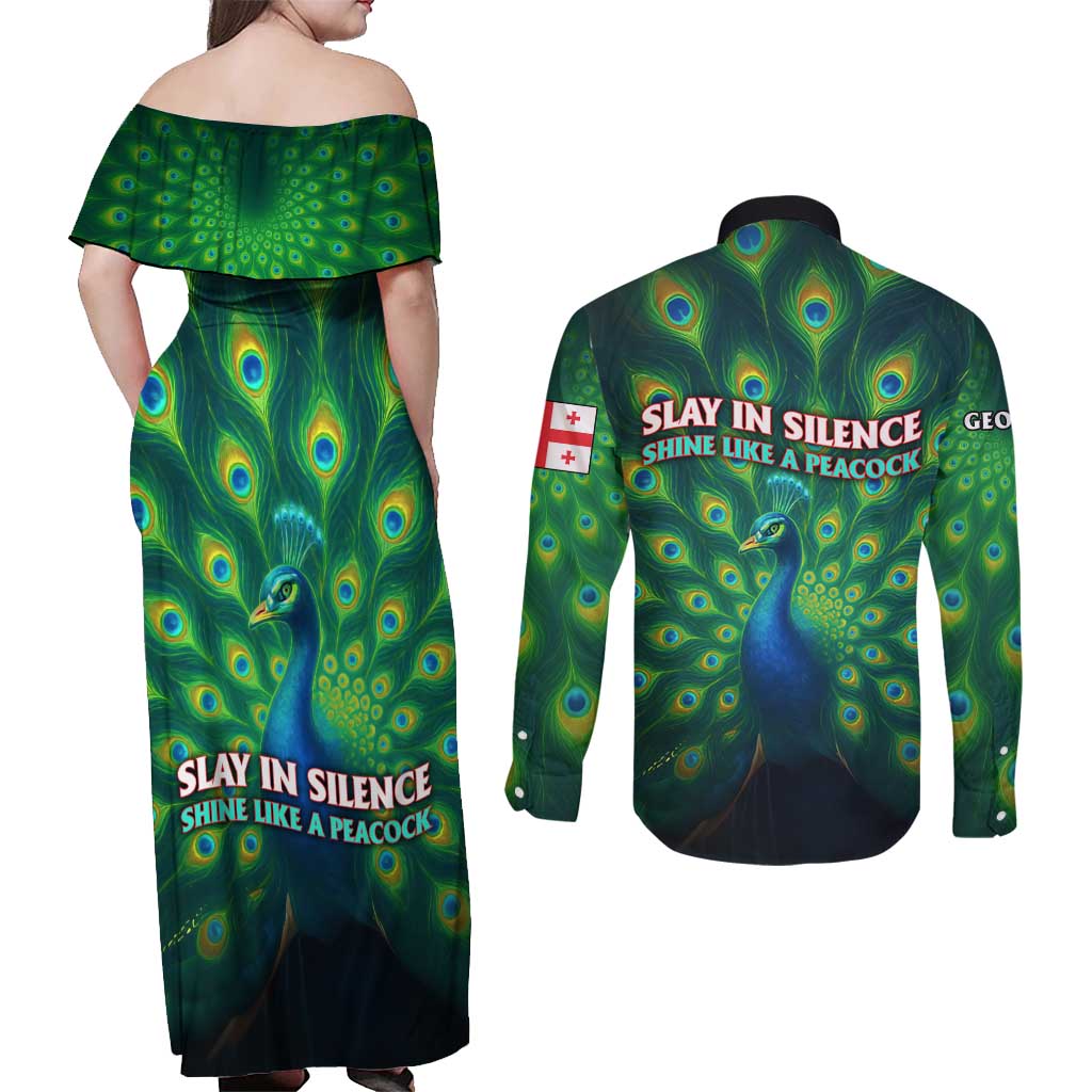 Georgia Peacock Couples Matching Off Shoulder Maxi Dress and Long Sleeve Button Shirt with Slay in Silence Shine Like a Peacock Design - Wonder Print Shop