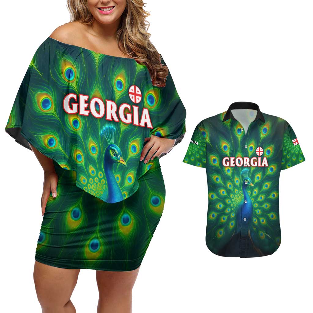 Georgia Peacock Couples Matching Off Shoulder Short Dress and Hawaiian Shirt with Slay in Silence Shine Like a Peacock Design - Wonder Print Shop
